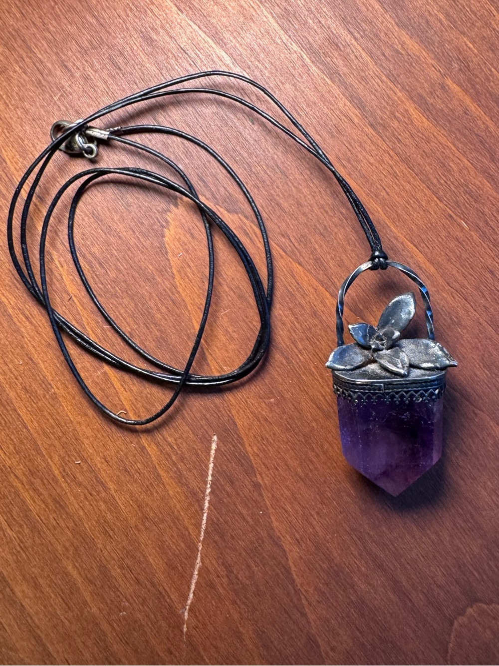 Large Amethyst Crystal Point Sterling Silver Floral Pendant Necklace